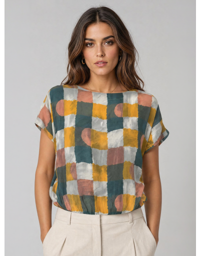 ABSTRACT CHECK PRINT VISCOSE CREPE & JERSEY BODYSUIT BLOUSE