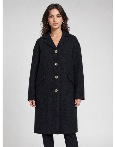 WOOL-BLEND BOUCLE SINGLE-BREASTED LONG COAT WITH REVERS