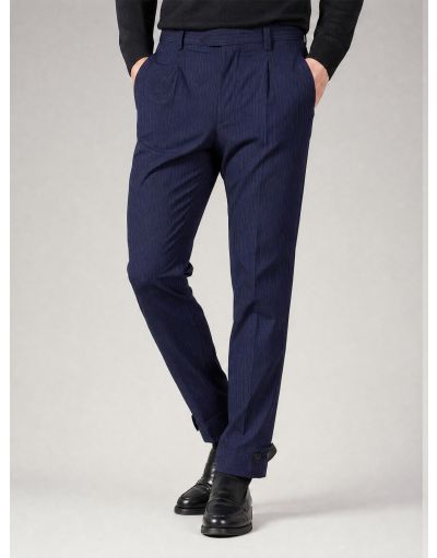 REGULAR CHINO PINSTRIPE PANTS WITH PLEATS, LOOP MOTIF AND FROGS MOTIF ON THE BOTTOM IN COOL WOOL