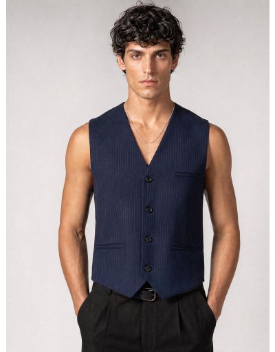 SINGLE-BREASTED PINSTRIPE VEST IN A BLEND OF COOL WOOL WEAVES