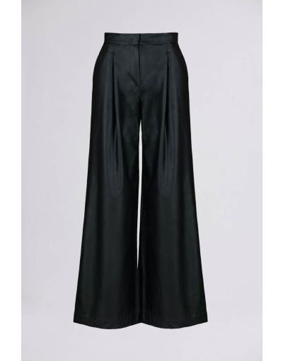 PLEATED WIDE-LEG FAUX LEATHER TROUSERS