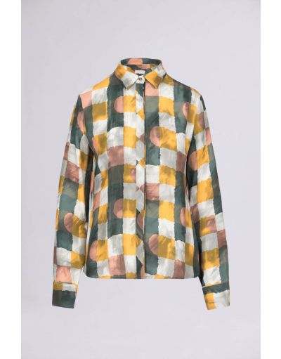CONCEALED-PLACKET ABSTRACT CHECK PRINT SHIRT IN VISCOSE CREPE
