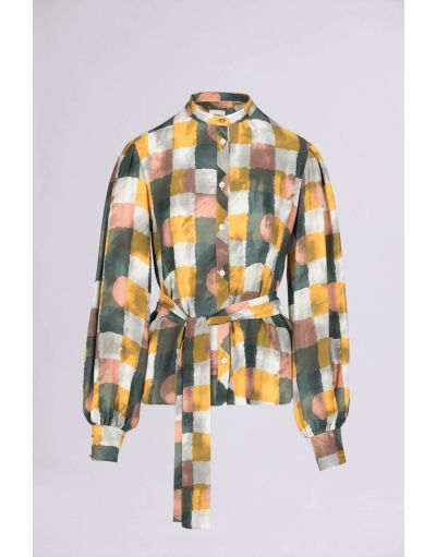 ABSTRACT CHECK PRINT MANDARIN-COLLAR SHIRT IN VISCOSE CREPE WITH WAIST BELT