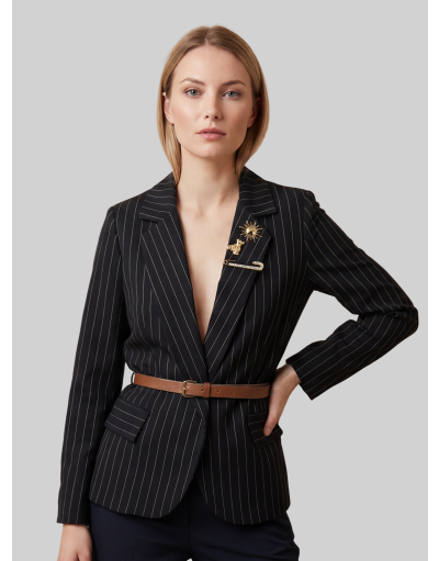 ONE-BUTTON BLAZER IN PINSTRIPED FABRIC WITH PIN DETAILS